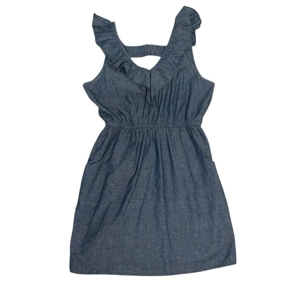 Alythea Linen Blend Chambray Ruffle Sundress Blue Large - Picture 8 of 11